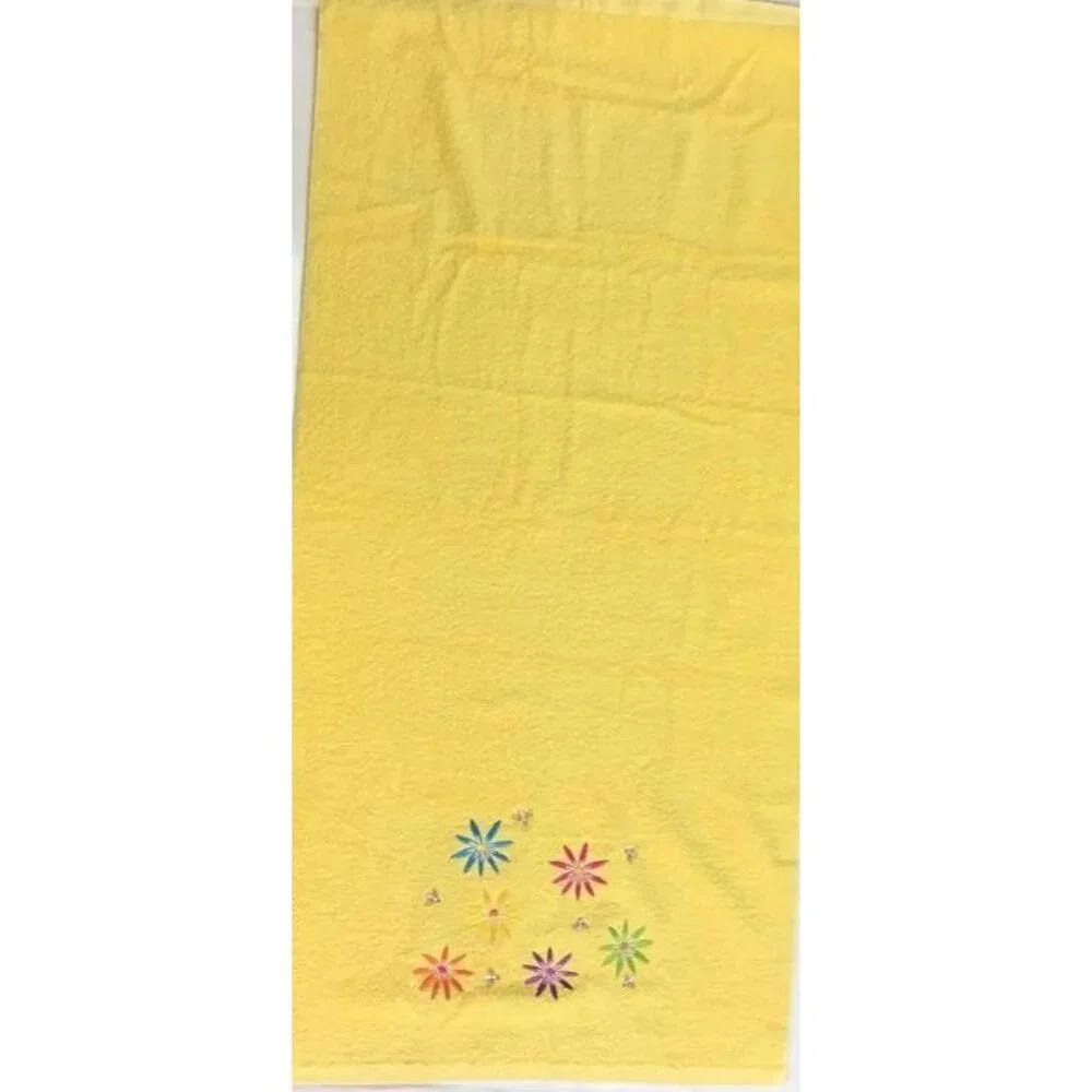 Vintage Honeybee & Flower Embroidered Towel Set 2 Pc Washcloth & Bath Yellow Bee